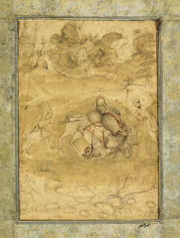 Combat de chameaux ; Chasse au lion (page d'album), image 3/6