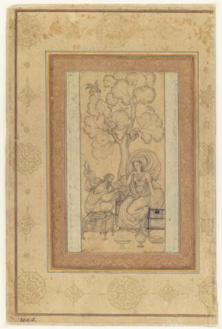 Jeune femme assise et vieillard lui faisant la lecture (page d'album)