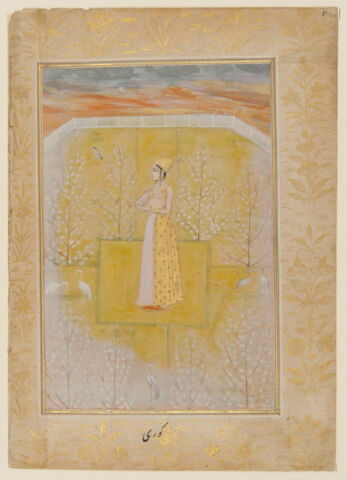 Gauri Ragini : femme jouant d'un instrument à cordes dans un jardin (page d'un "Ragamala")
