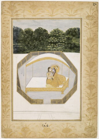Malkosh raga : couple d'amoureux assis sur un lit (page d'un "Ragamala")