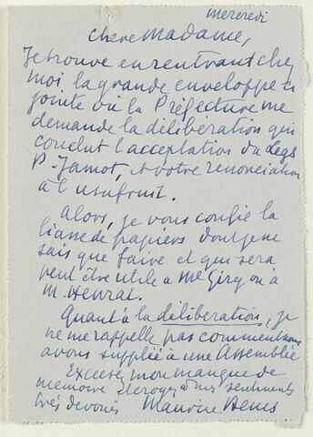 Lettre autographe signée Maurice Denis à la Comtesse de Waresquiel, mercredi