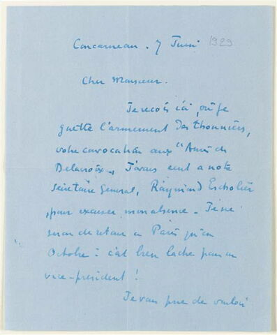 Lettre autographe signée Paul Signac à Maurice Denis, 7 juin 1929