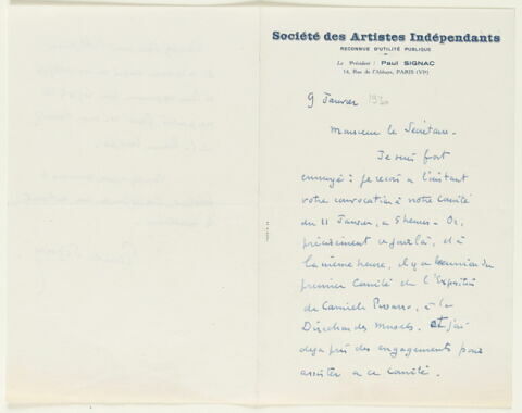 Lettre autographe signée Paul Signac à Raymond Escholier (?), 9 janvier, image 2/2