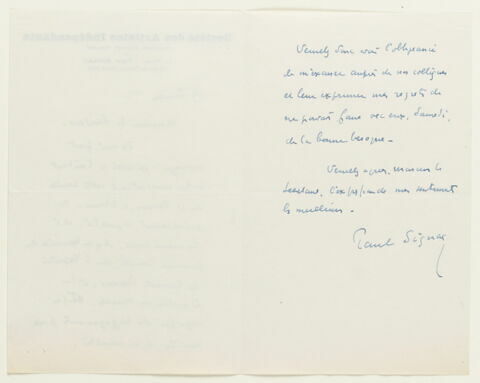 Lettre autographe signée Paul Signac à Raymond Escholier (?), 9 janvier