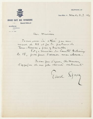 Lettre autographe signée Paul Signac à Jean Sergent (?), 11 mars 1930