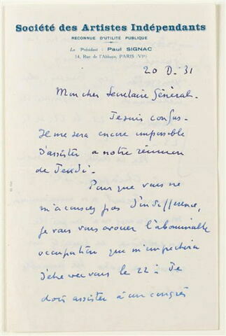 Lettre autographe signée Paul Signac au secrétaire général de la Société des Amis d'Eugène Delacroix 20 décembre 1931