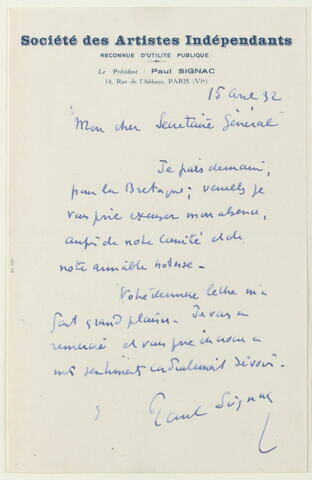Carte postale adressée à un membre du bureau de la Société des Amis d'Eugène Delacroix