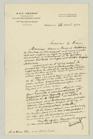LS M. Henrat au baron Vitta, 24 avril 1940, image 2/2