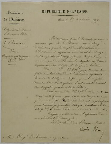 Lettre de Charles Blanc à Eugène Delacroix concernant la chapelle des Saints-Anges de l'église de Saint-Sulpice