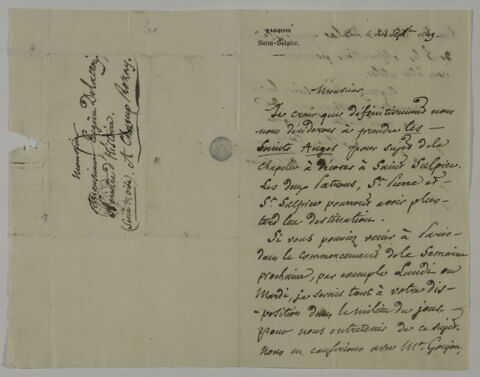 Lettre autographe signée du curé de Saint-Sulpice à Eugène Delacroix concernant la chapelle des Saints-Anges de l'église de Saint-Sulpice