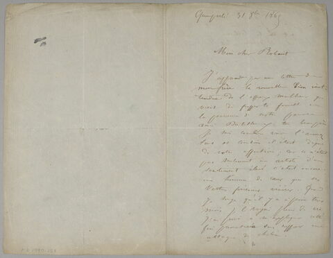 Lettre autographe signée de Jules BRETON à Alfred Robaut, Quimperlé, 31 octobre 1865