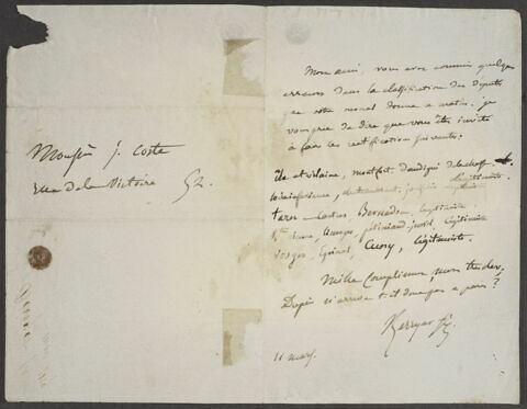 Lettre autographe signée Berryer fils à J. Coste, 11 mars