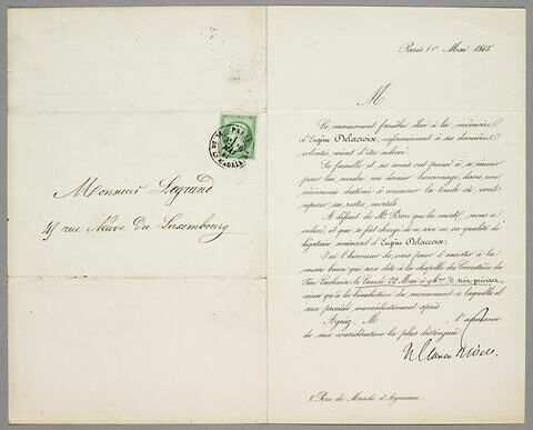 Invitation adressée à Eugène Legrand, 10 mai 1865, pour la consécration de la tombe d'Eugène Delacroix