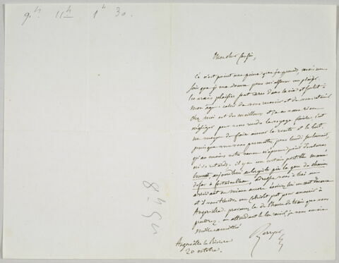 Lettre autographe signée Pierre-Antoine Berryer destinée à Eugène Delacroix, Angerville la Rivière, 20 octobre [1854]