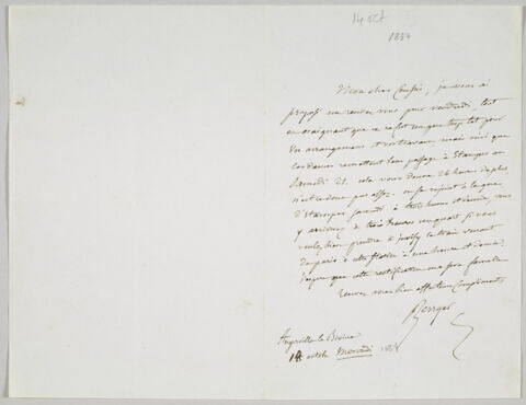 Lettre autographe signée Pierre-Antoine Berryer destinée à Eugène Delacroix, Angerville la rivière 14 octobre mercredi [1854]
