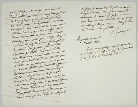 Lettre autographe signée Pierre-Antoine Berryer destinée à Eugène Delacroix, Angerville la Rivière 1 octobre 1858