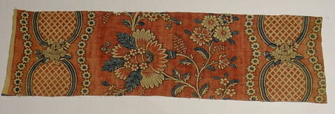 Fragment fond rouge, décor de grosses fleurs en camaïeu
