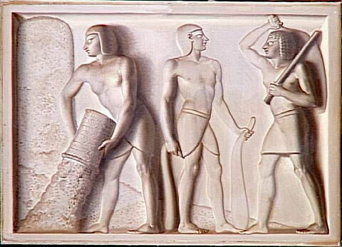 Décors de panneaux de boiserie en grisaille représentant des scènes de la vie civile égyptienne antique