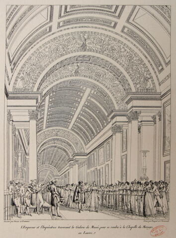 L'Empereur et l'Impératrice traversant la Galerie du Musée, pour se rendre à la Chapelle du Mariage, au Louvre