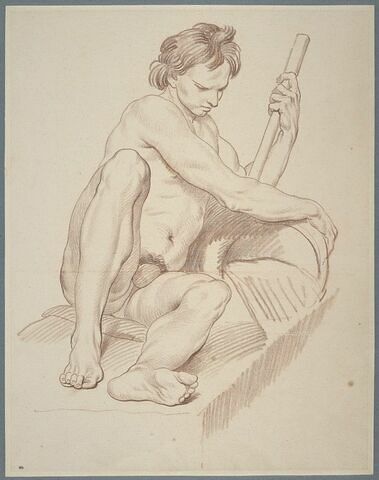 Homme nu, étendu, appuyé sur une urne et tenant un bâton : étude pour la Seine, image 1/2