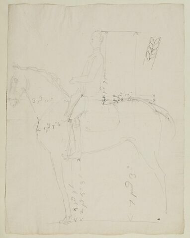 Cavalier et cheval, vus de profil vers la gauche, avec indications de mesures, image 1/3