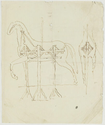 Croquis du cheval de la statue de Louis XV avec l'armature le soutenant, image 1/2