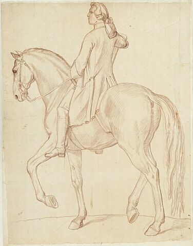 Cavalier et cheval, vus de profil vers la gauche, avec indication de mesure