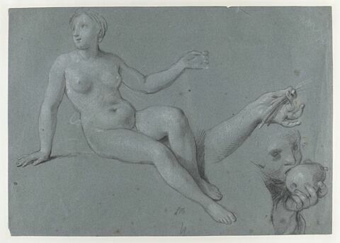 Femme nue, reprise de sa main gauche, et enfant mordant dans une pomme, image 1/2
