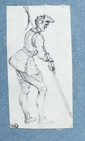 Un soldat, debout, tourné vers la droite, appuyé sur une lance