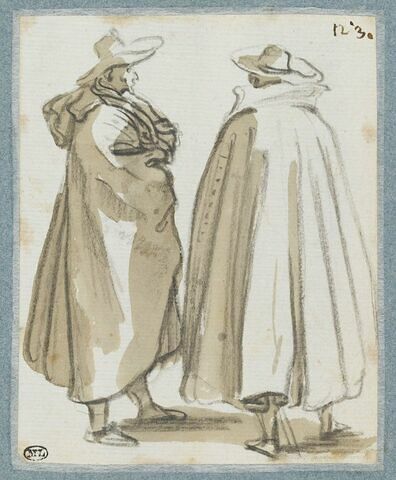 Deux hommes debout, couverts de manteaux, s'entretenant, image 1/3