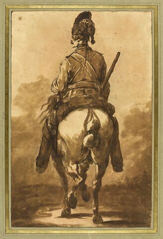 Un soldat à cheval, de dos