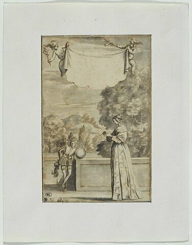Femme dans un parc, lisant une lettre, et deux putti tenant un caducée, image 1/2