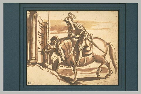 Un guerrier à cheval lisant une inscription, avec son écuyer