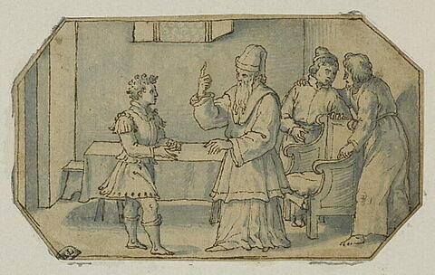 Un vieillard s'adressant à un enfant et deux figures debout derrière lui, image 1/1