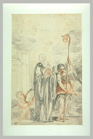 Saint Benoît debout les mains jointes, et deux anges