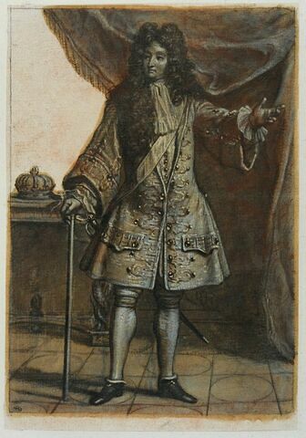 Louis XIV debout tenant une canne et avançant le bras gauche