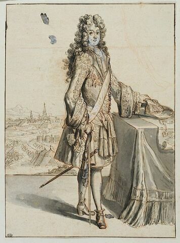 Louis XIV debout près d'une table, tourné à droite