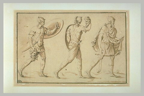 Trois guerriers antiques portant chacun la tête d'un ennemi, image 1/1
