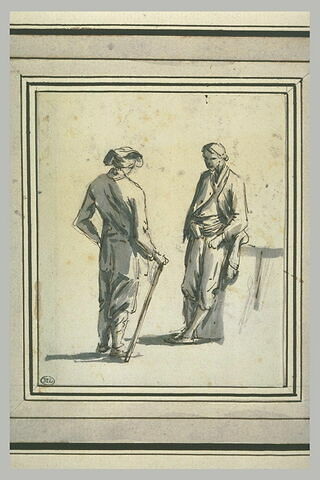 Deux hommes debout face à face, le premier à gauche, appuyé sur un bâton,..., image 1/1