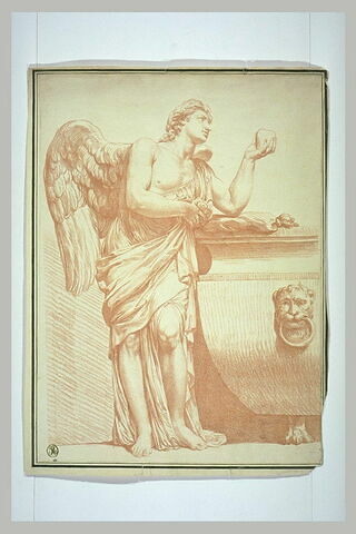 Ange tenant un coeur et sa draperie, accoudé à un sarcophage, image 1/1
