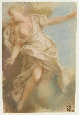 Femme à demi-nue sur un nuage, vue de face, tête de profil, les bras étendus