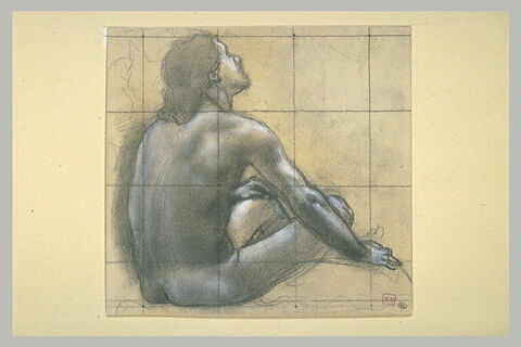 Homme nu, assis, vu de dos, de trois quarts à droite, image 1/1