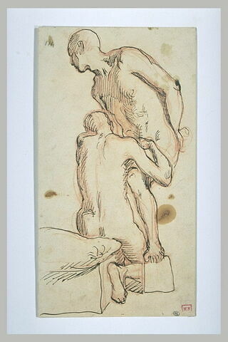 Deux hommes nus, l'un tourné vers la gauche, l'autre vu de dos et agenouillé, image 1/1
