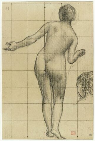 Femme nue, vue de dos, le bras gauche tendu, et reprise de la tête