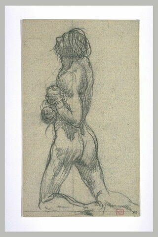 Homme nu agenouillé, vue de dos, les mains liées sur la poitrine, image 1/1