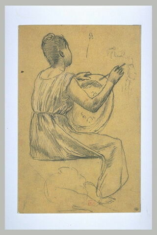 Femme assise tenant un plat et un pinceau, image 1/1