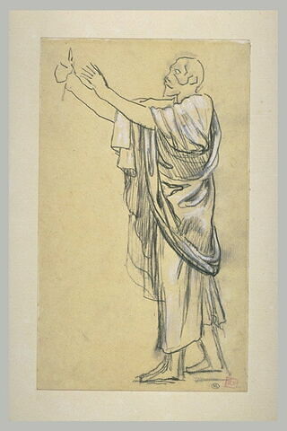 Homme vêtu d'une draperie, avançant vers la gauche, les bras levés et tendus