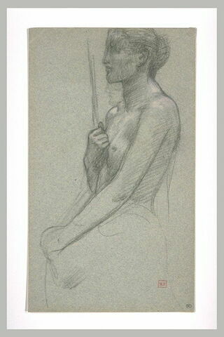 Femme nue à mi-corps de profil à gauche, tenant une lance et un bouclier