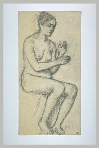 Femme nue assise, de trois quarts à droite, les mains levées, image 1/1