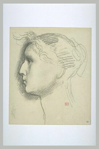 Tête de femme coiffée d'un chignon, de profil à gauche. Petite esquisse
